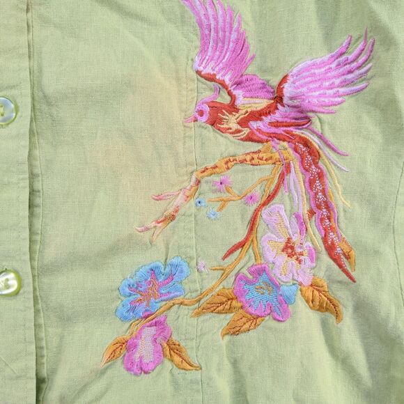 AKC Women's Button Up Shirt Green Large Short Sleeve Embroidered Shoulder Pads - Picture 5 of 14